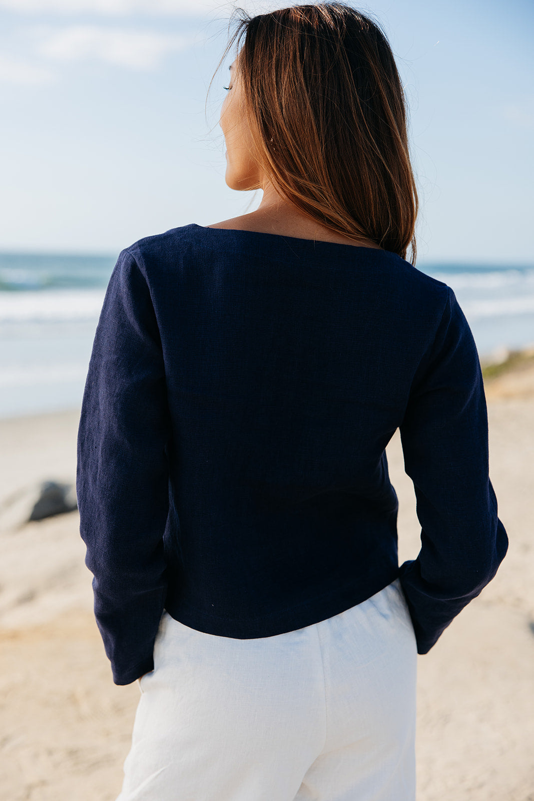 High end navy linen button up cardigan