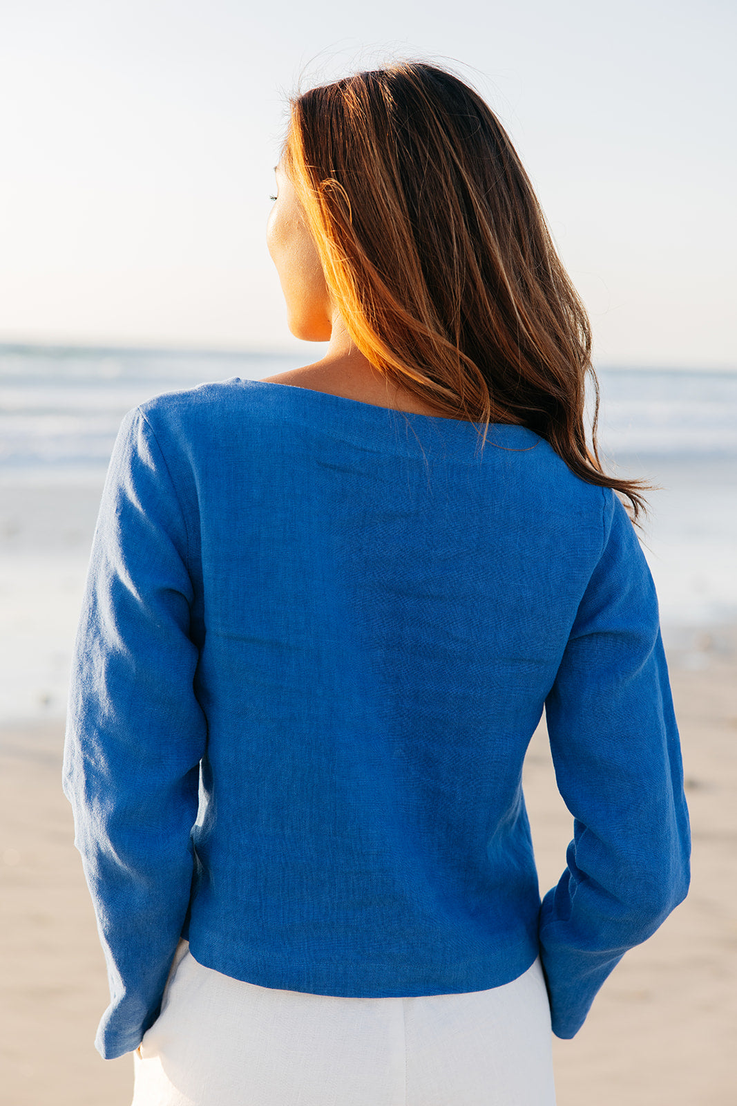 High end blue linen button cardigan