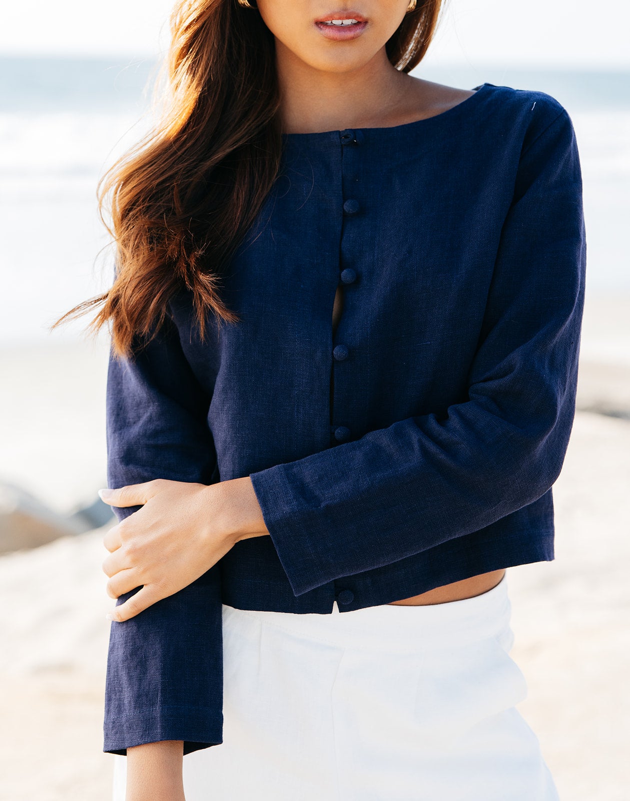 High end navy linen button up cardigan