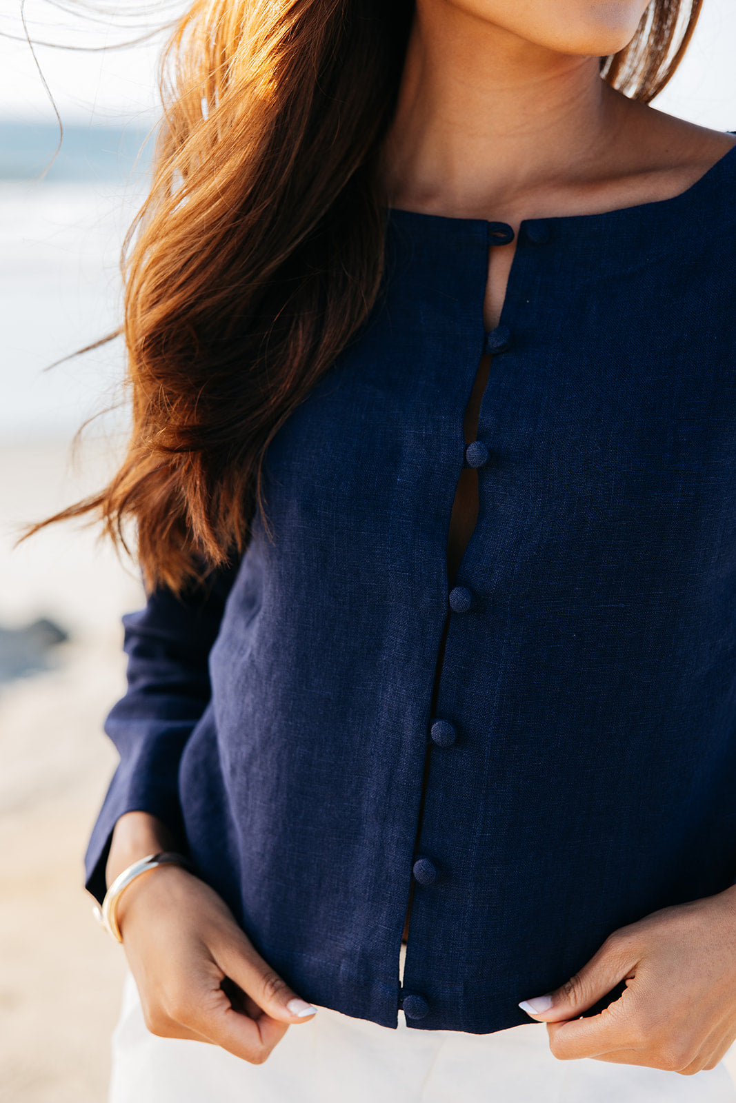 High end navy linen button up cardigan