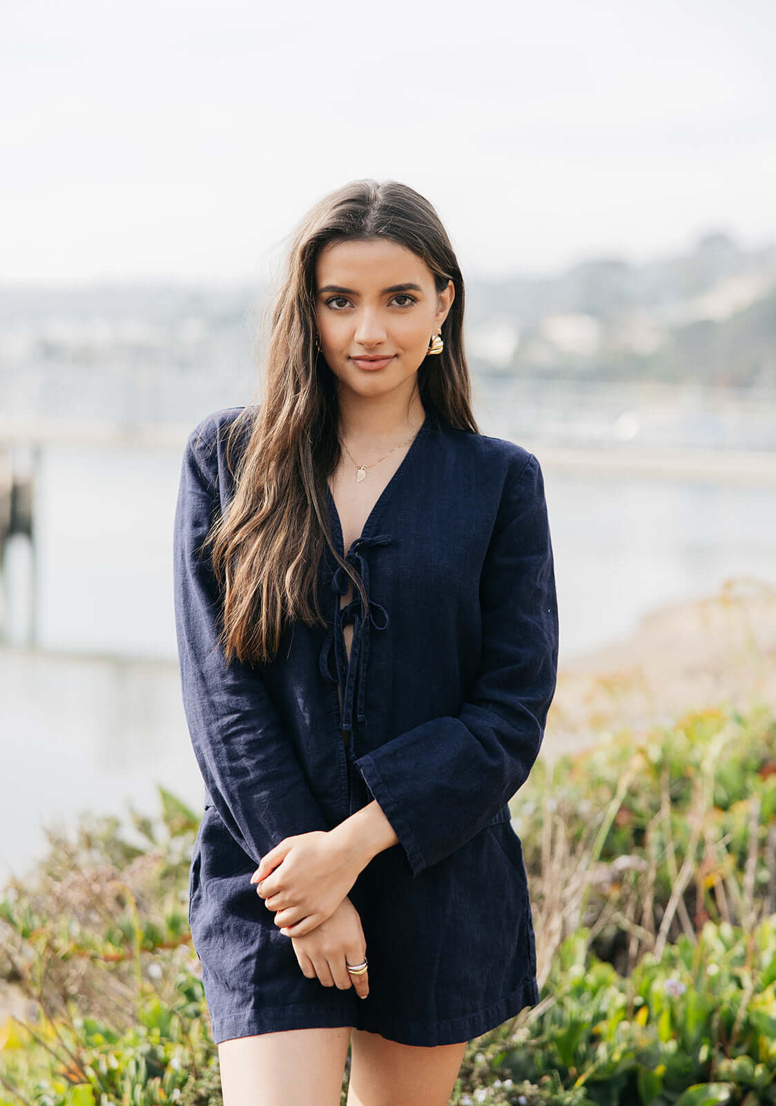 Classic navy linen tie front top