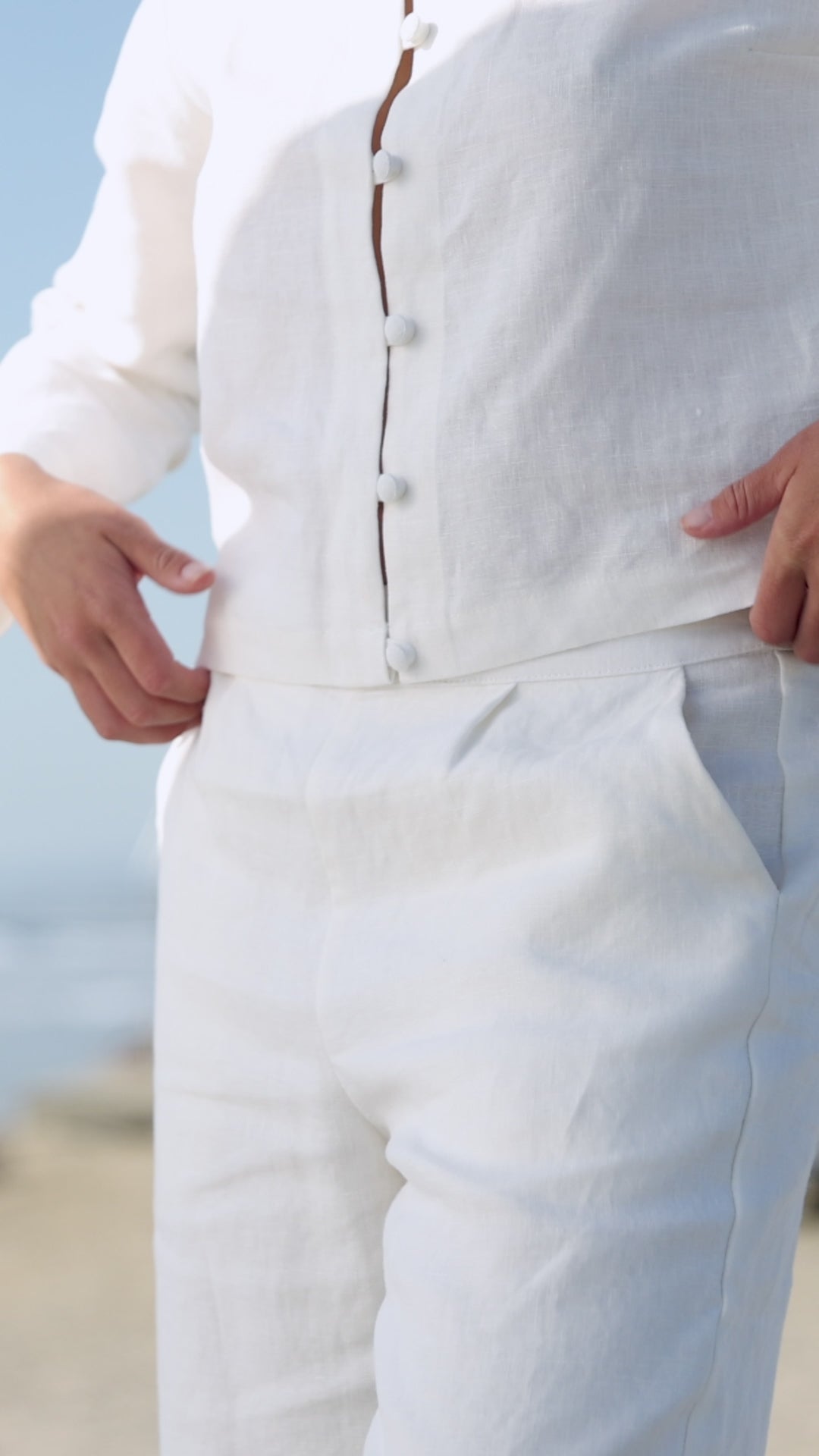 White linen button cardigan and matching white linen pants