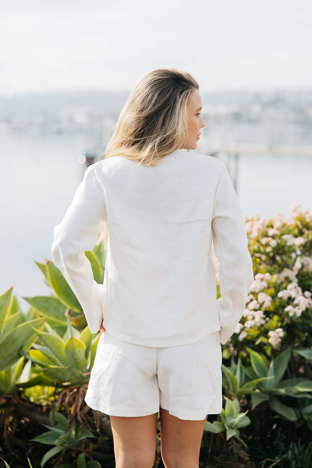 White linen shorts with pockets